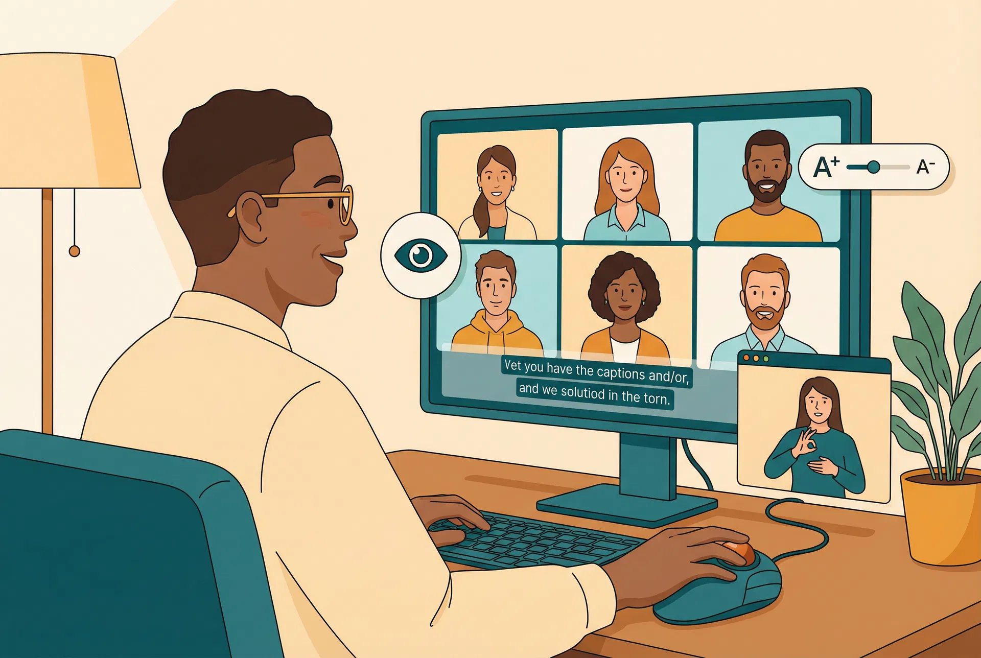 Person using accessibility tools during a video meeting with captions, sign language window, and contrast controls visible