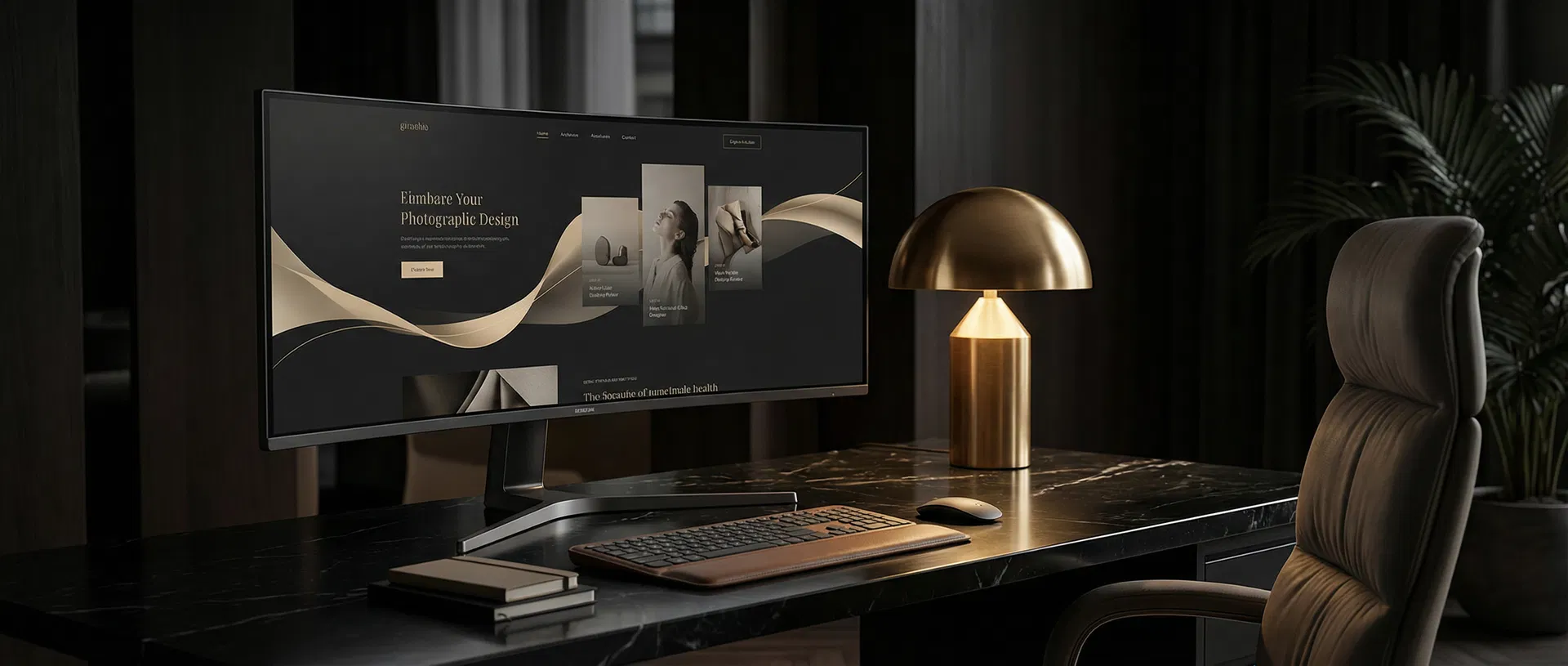 Niche Websites premium web design studio workspace with luxury design projects displayed on screens