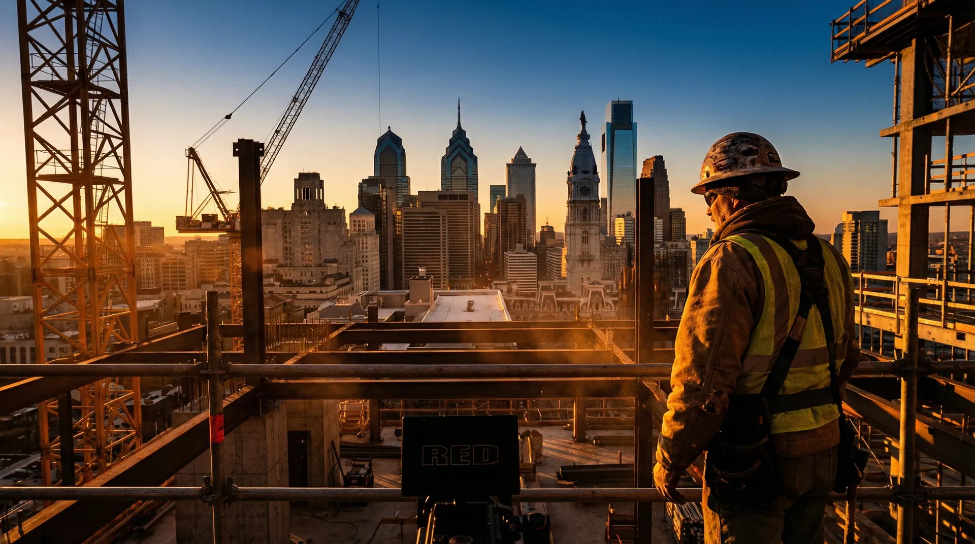 Construction worker overlooking Philadelphia skyline
