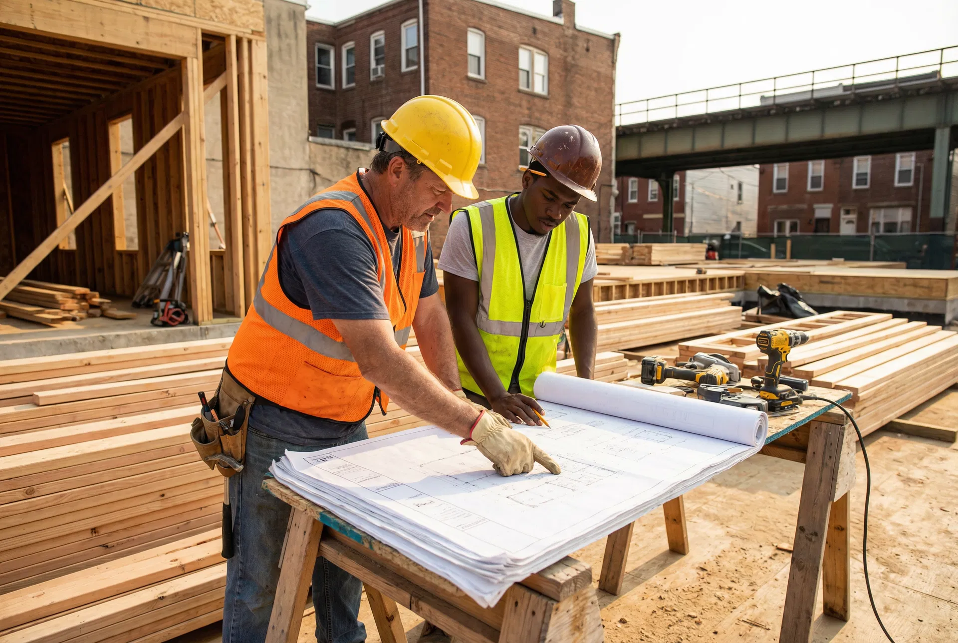 Owner mentoring young apprentice on Philadelphia job site