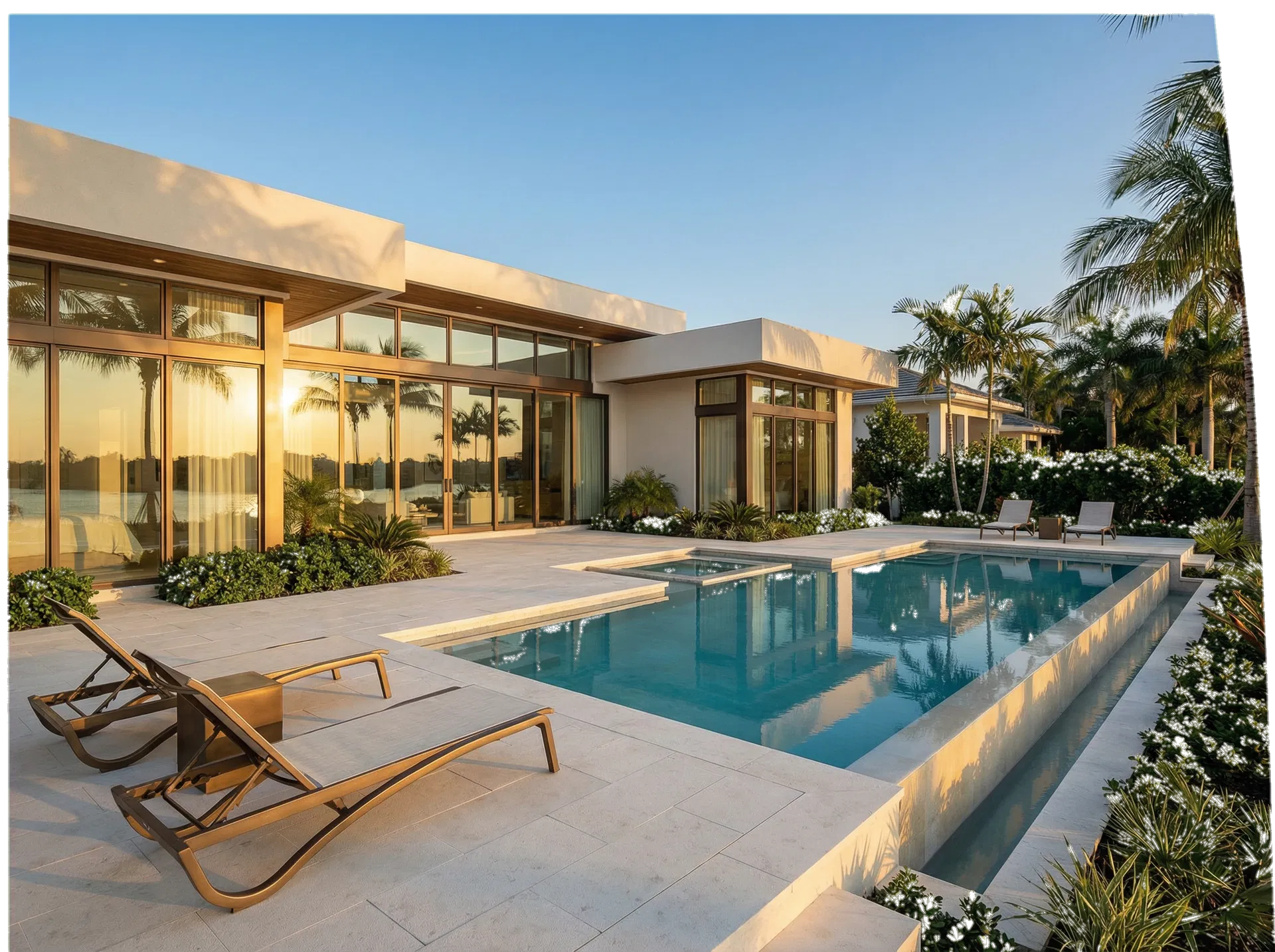 Luxury modern pool in South Florida during golden hour.