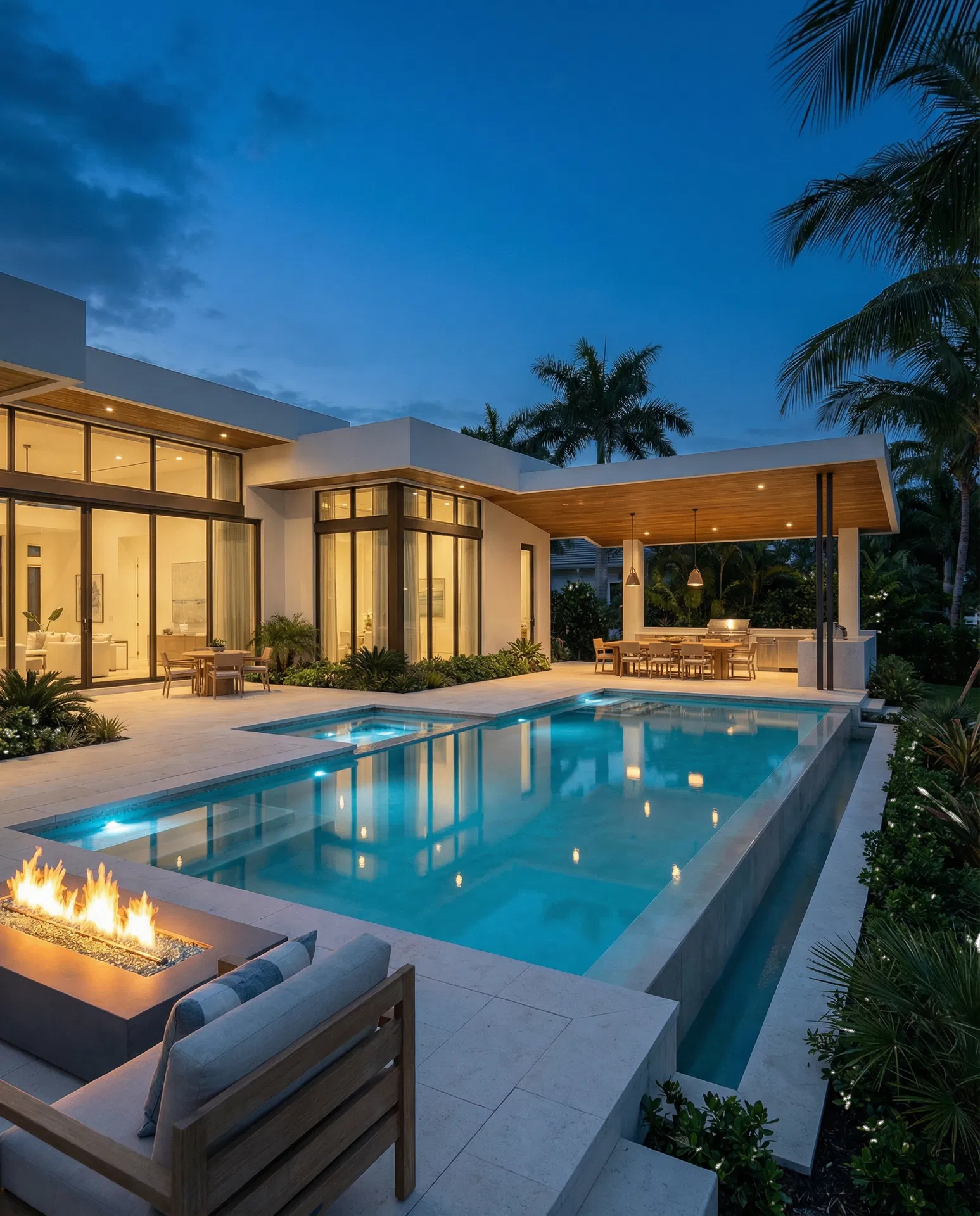 Luxury pool and outdoor dining pavilion at dusk.