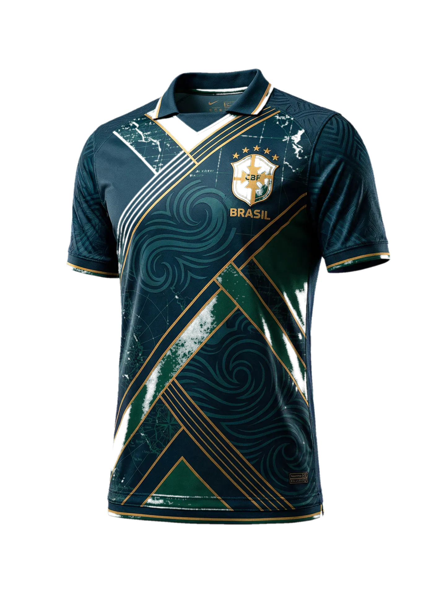 Camiseta Azul Atlântico Away 2026 em azul petróleo com diagonais douradas, grafismos oceânicos, escudo autoral Brasil 2026 integrado e acabamento premium.