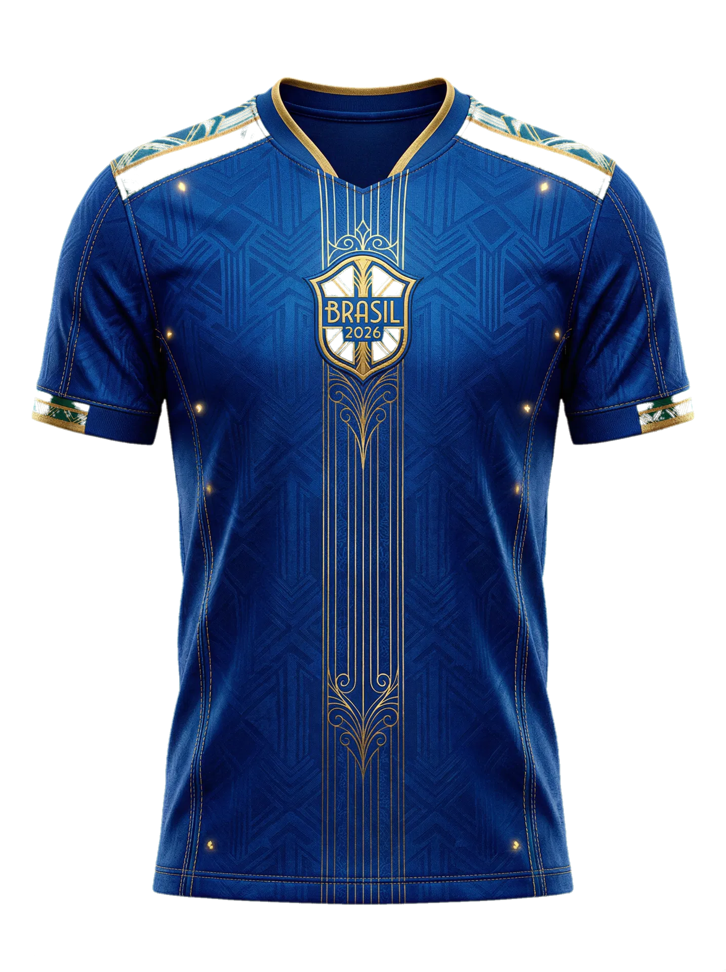 Camiseta Azul Imperial Home 2026 em azul royal com textura geométrica, coluna dourada central, escudo autoral Brasil 2026 integrado e acabamento premium.