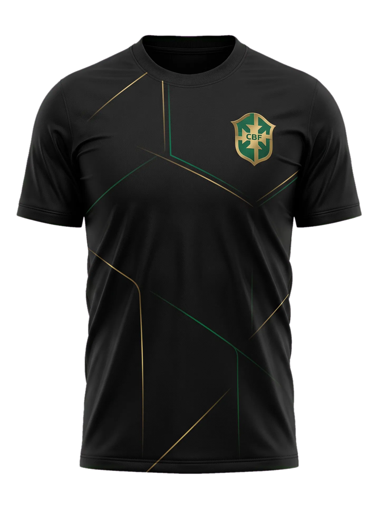 Camiseta Rio Noir Away 2026 preta com acabamento premium, detalhes dourados e verdes e escudo estilizado em destaque.