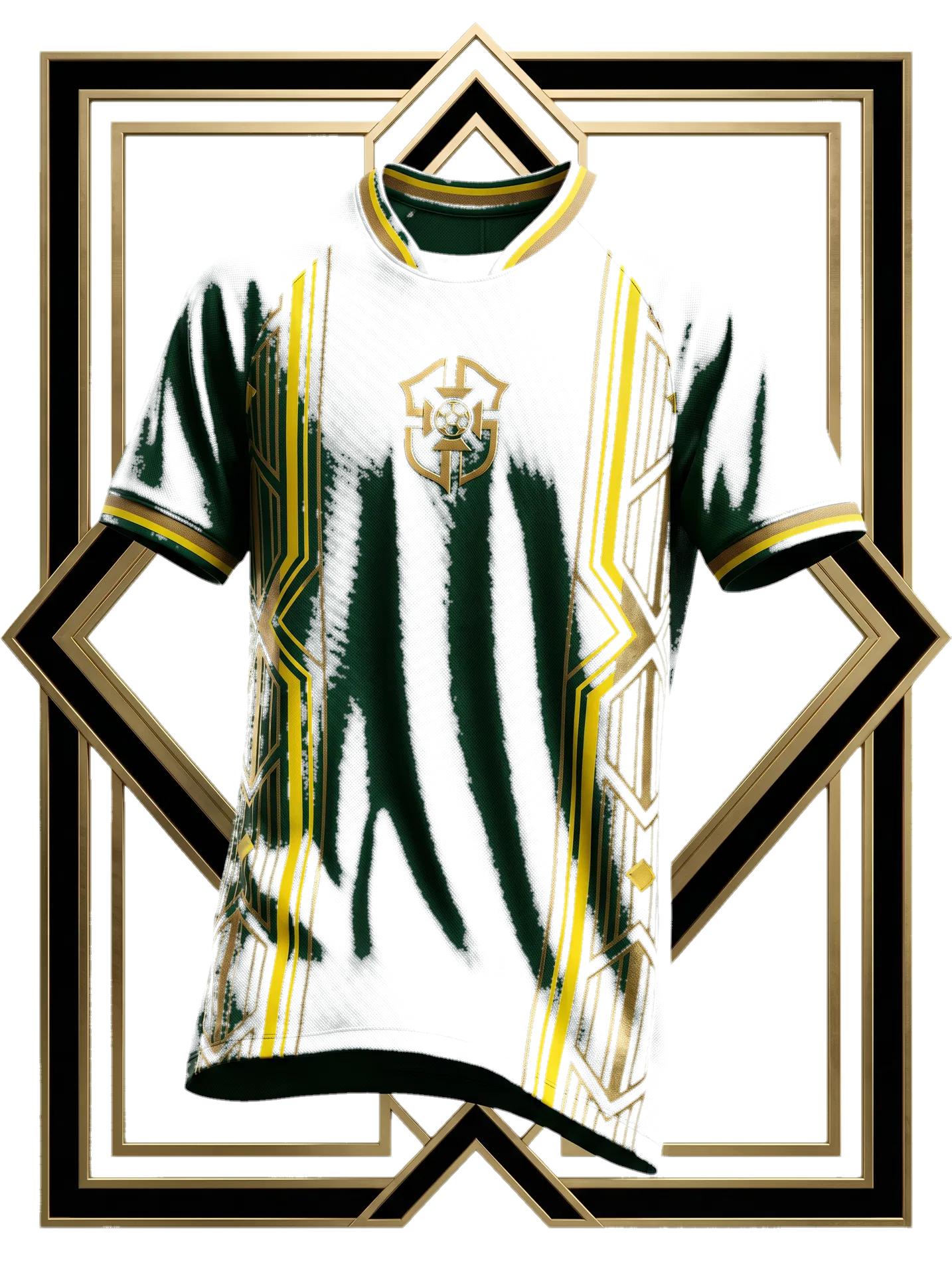 Camiseta Samba Deco Crest 2026 com brasão estilizado e paleta brasileira sofisticada.