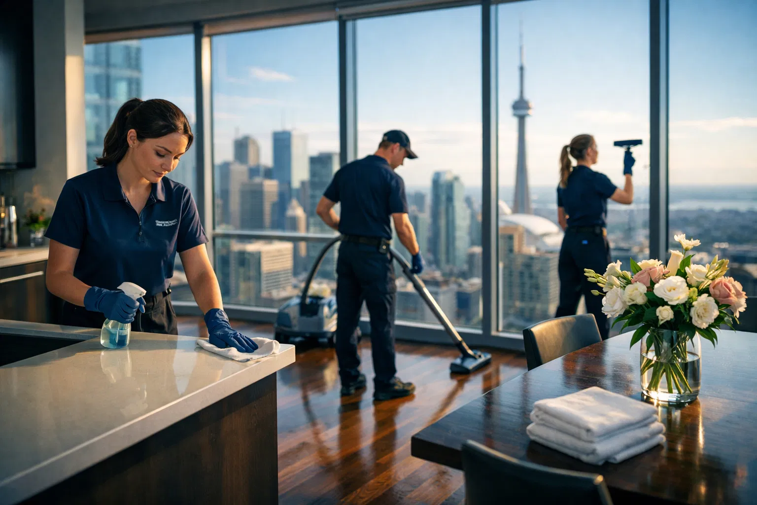 Professional cleaning team in Toronto high-rise