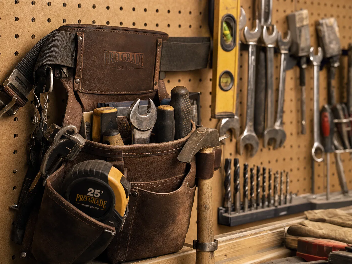 Professional tools organized on workshop wall