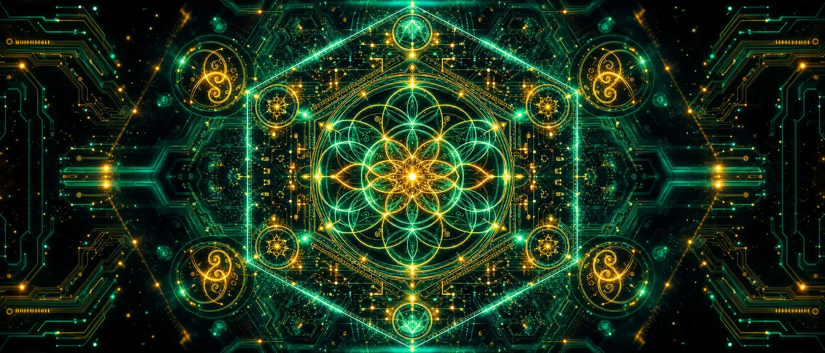 Sacred geometry mandala pattern with jade green circuit traces