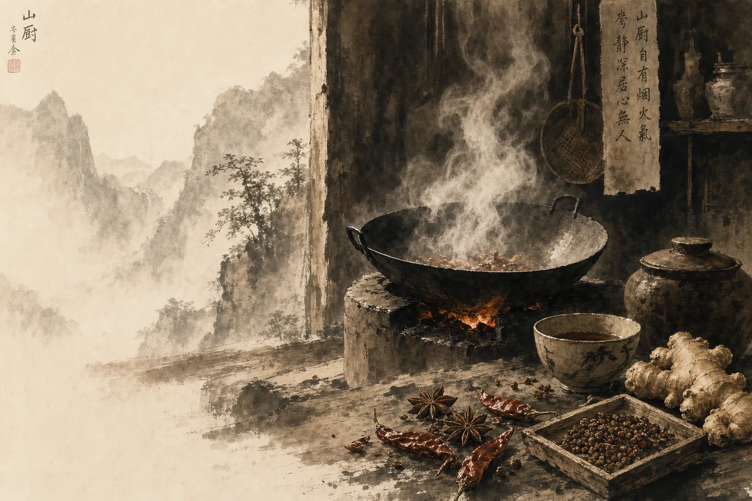 Mountain kitchen with wok and spices