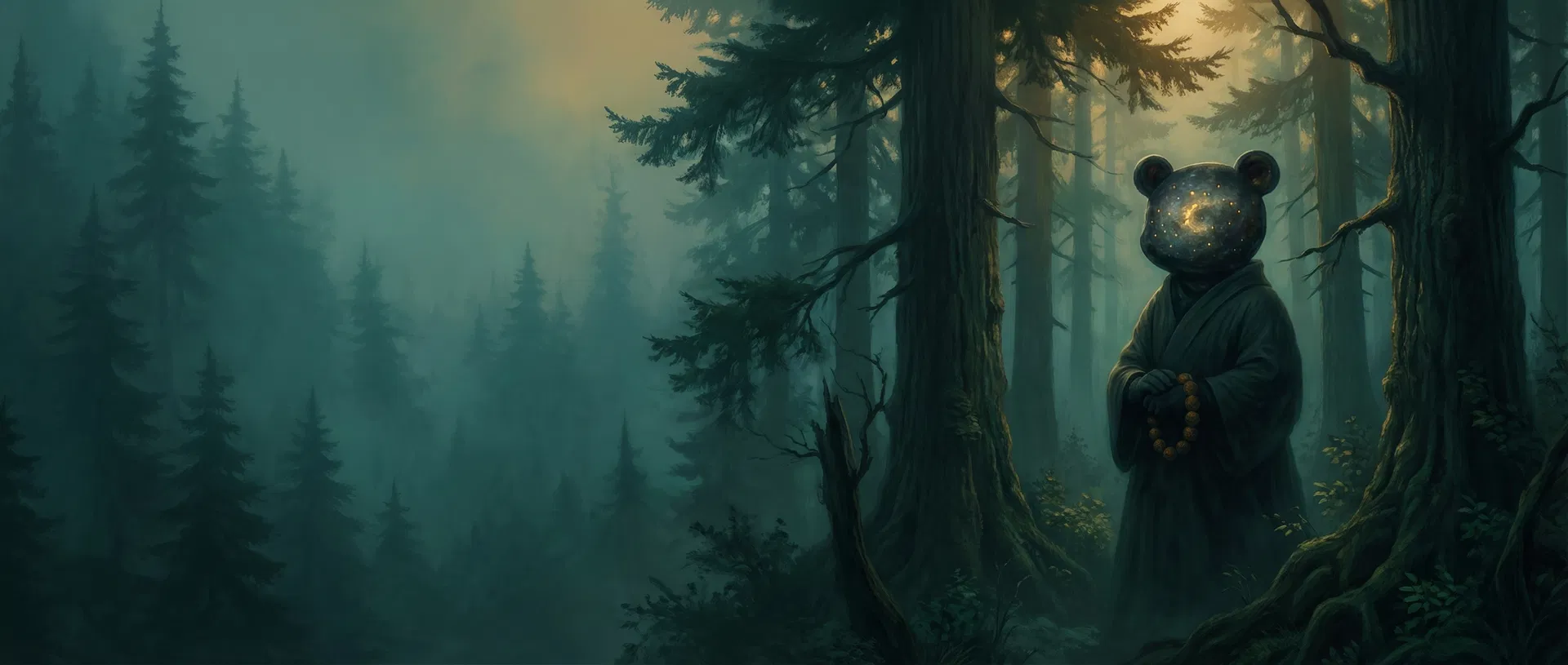 Mystical forest with spirit bear guardian