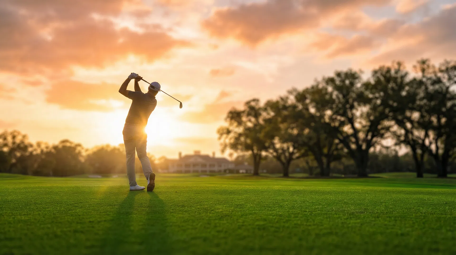Golfer swinging at sunset on a lush fairway