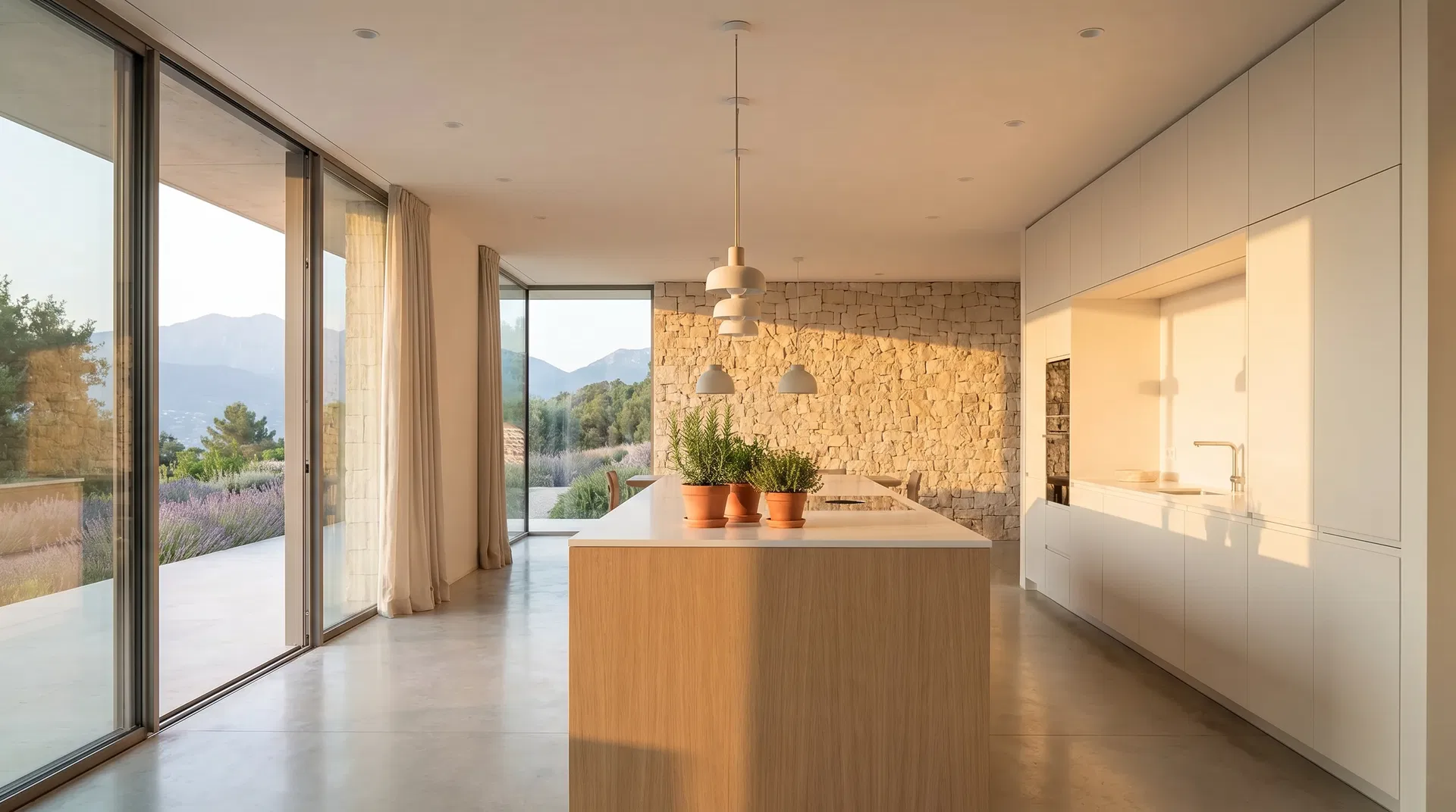 Cuisine ouverte avec mur en pierre et vue jardin