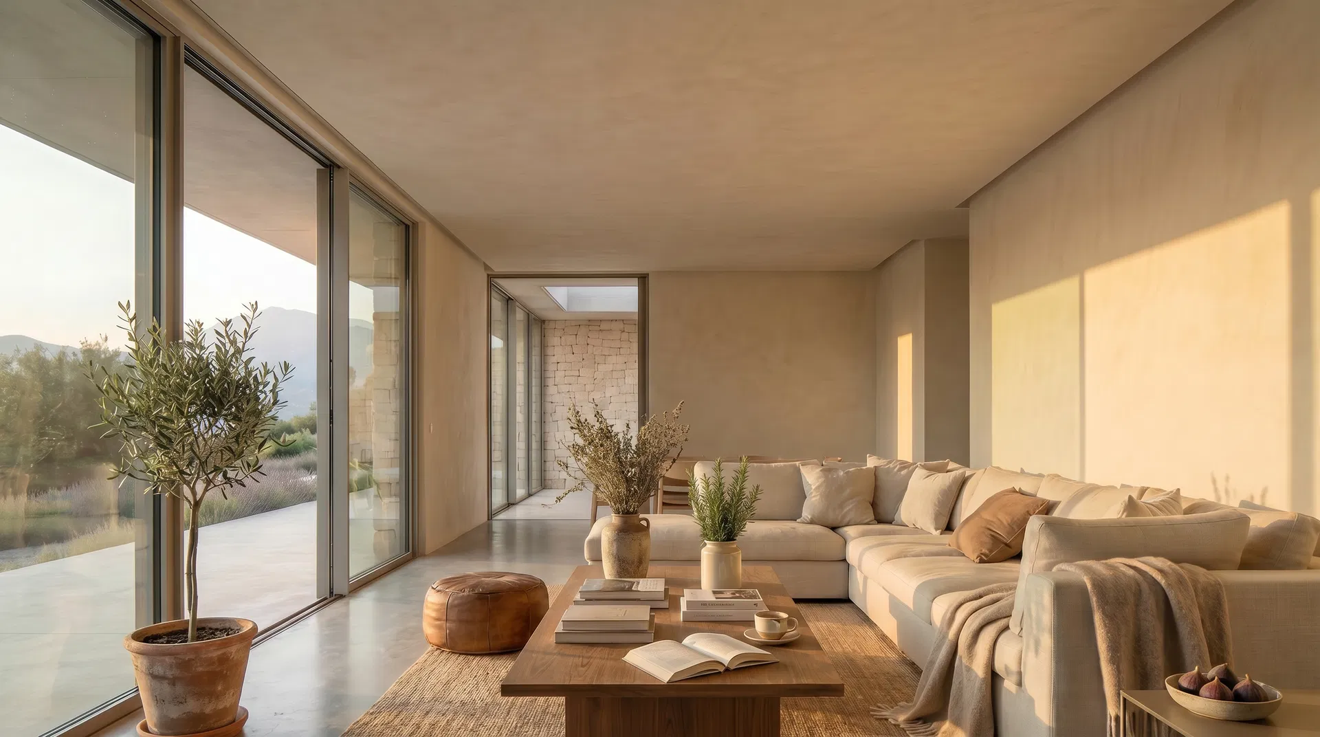 Séjour provençal avec olivier et matériaux naturels