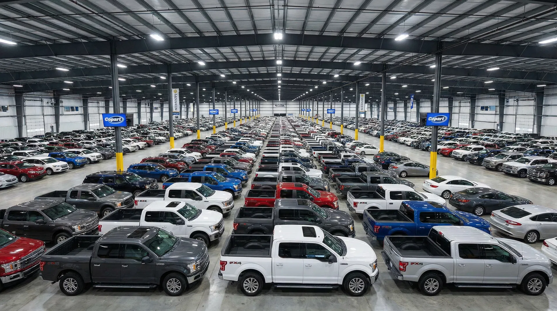US auto auction facility with rows of vehicles