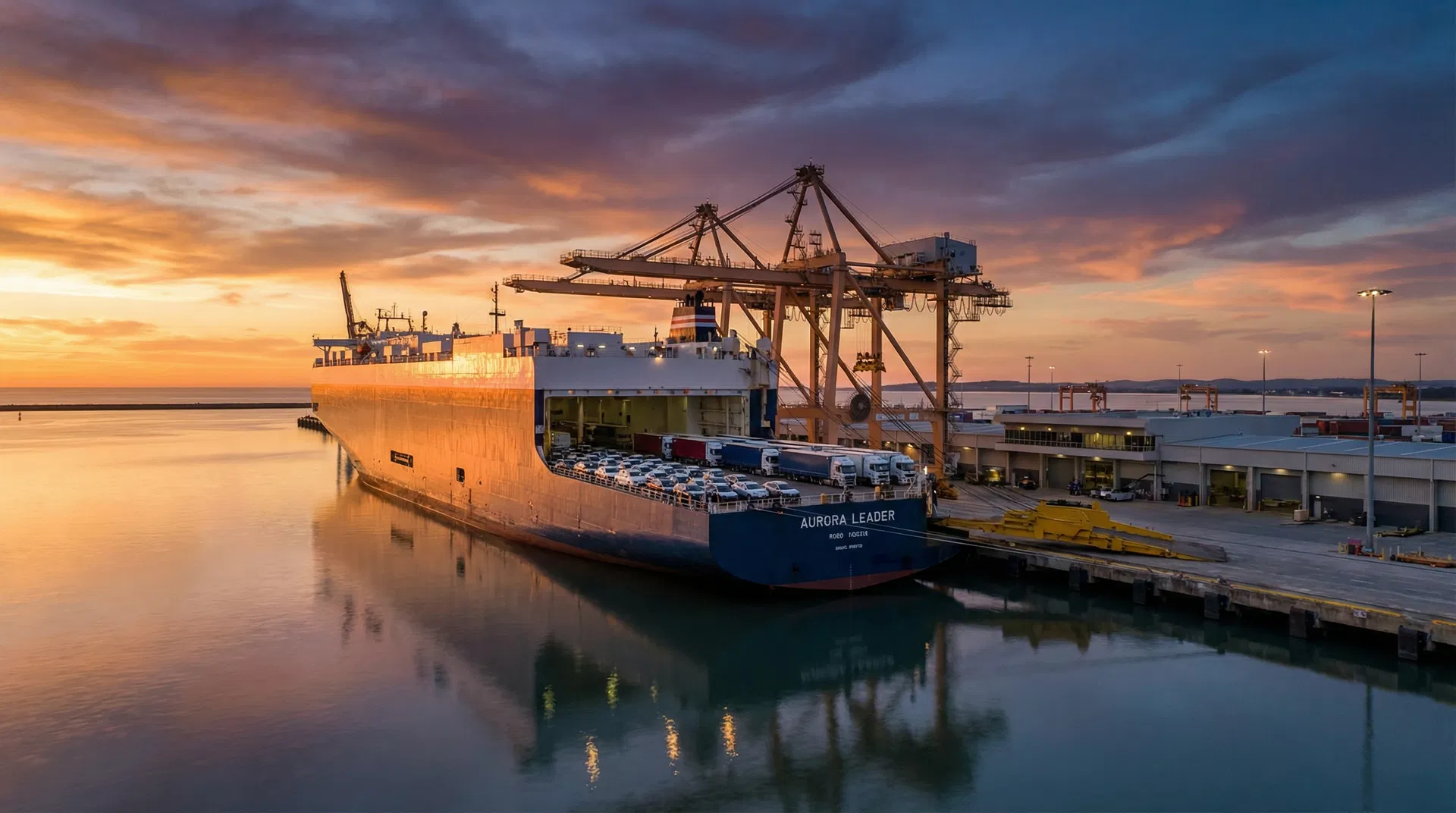 RORO cargo ship at port at sunset