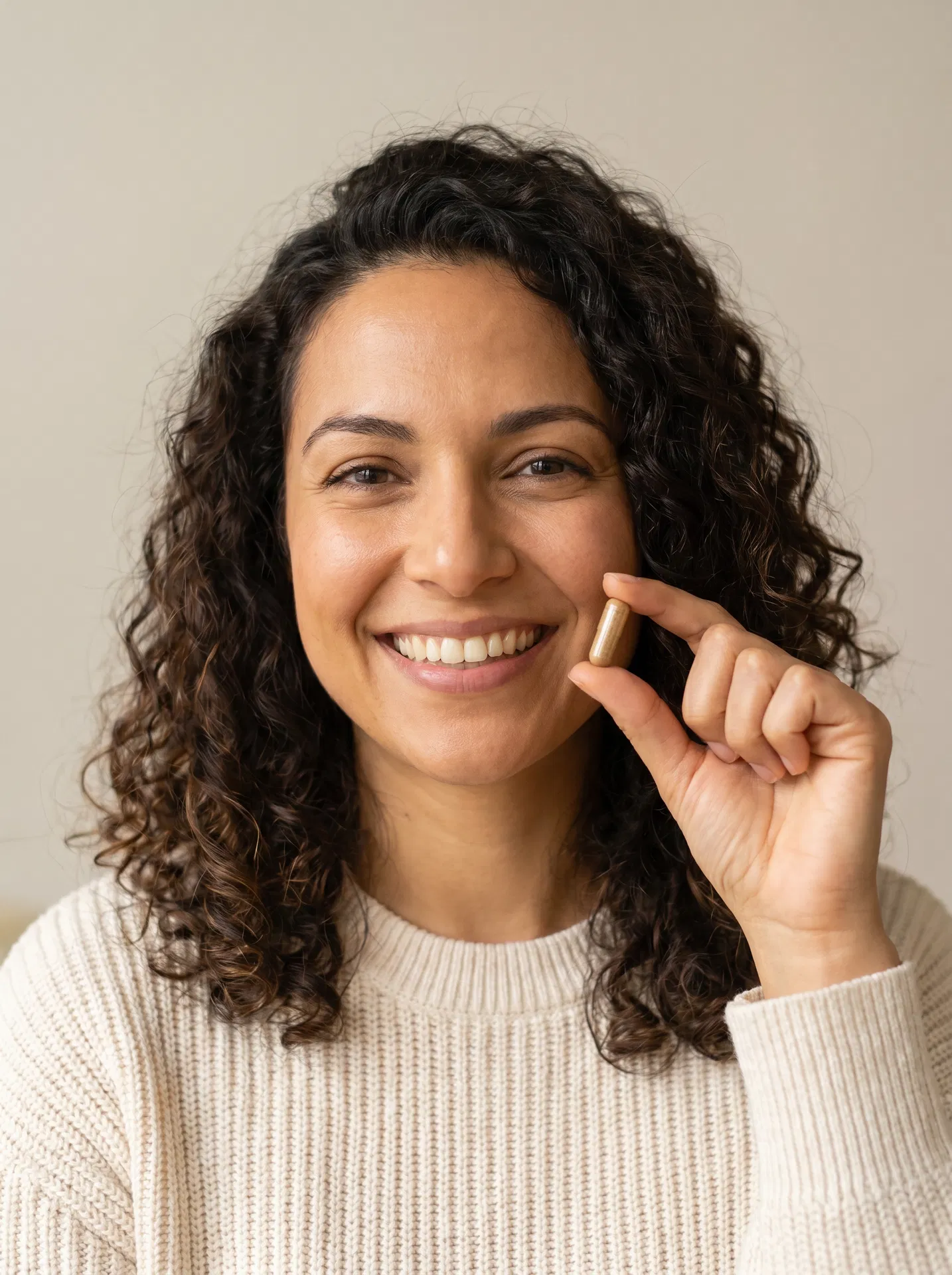 Woman holding HerLuteal capsule