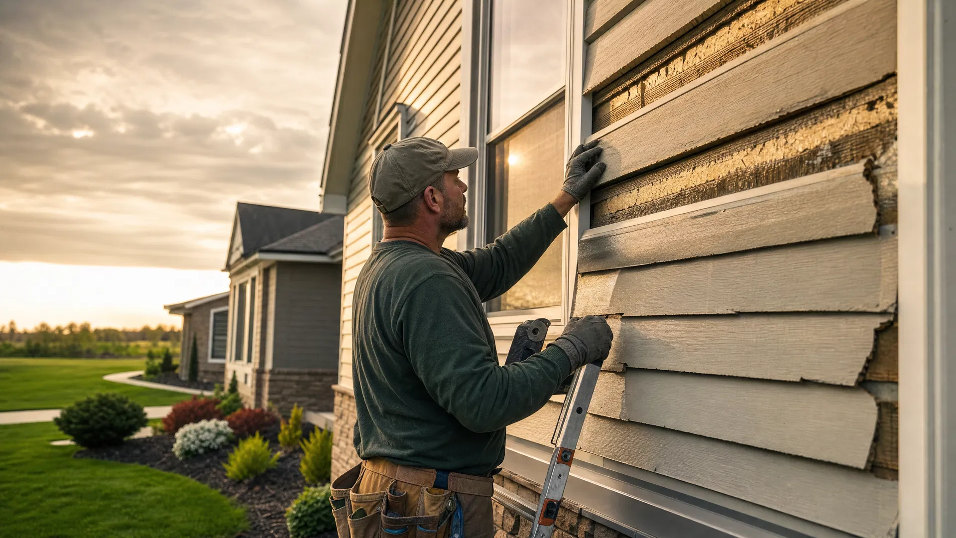 Contractor repairing home siding