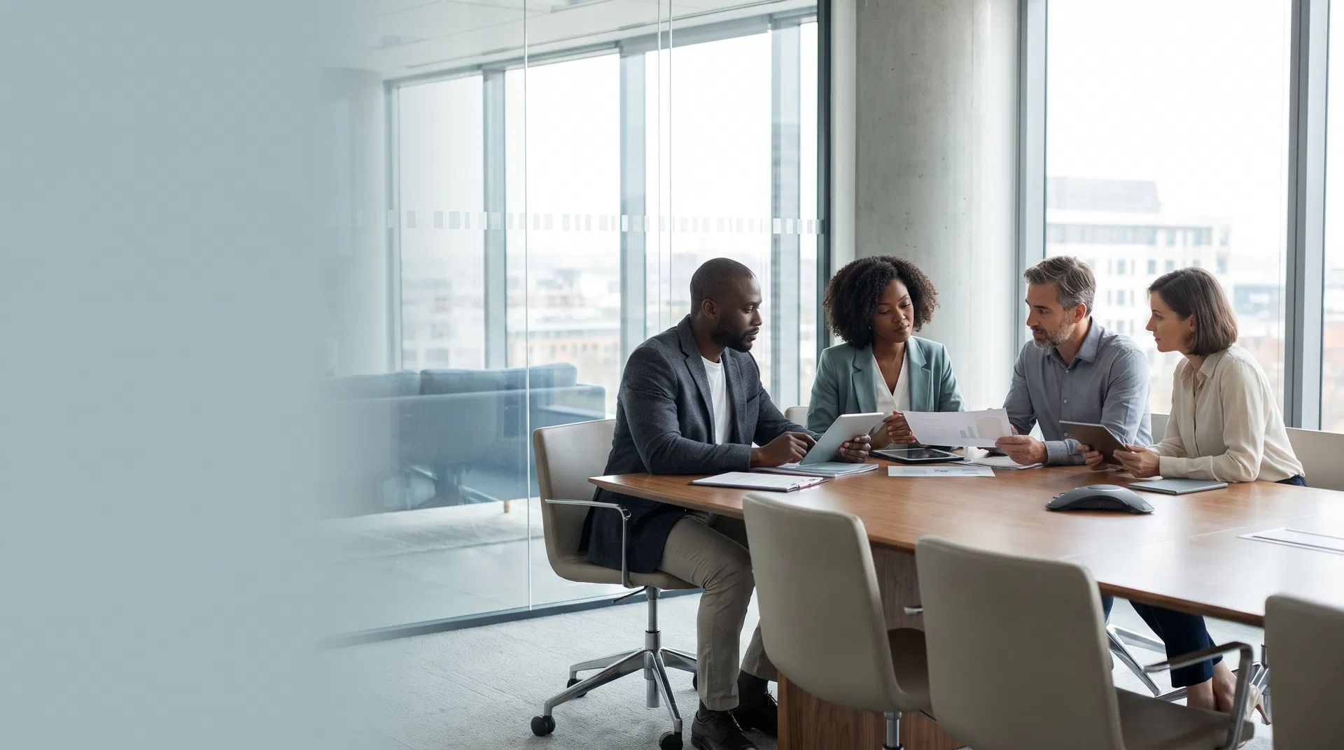 Diverse executive team in a calm modern boardroom