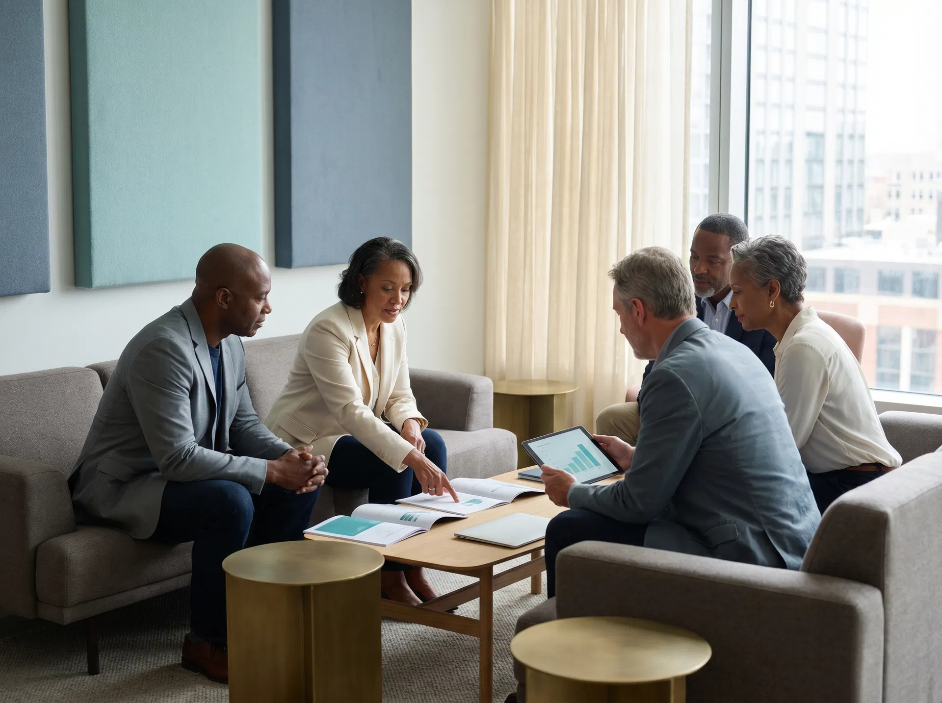 Diverse professionals reviewing industry insight materials