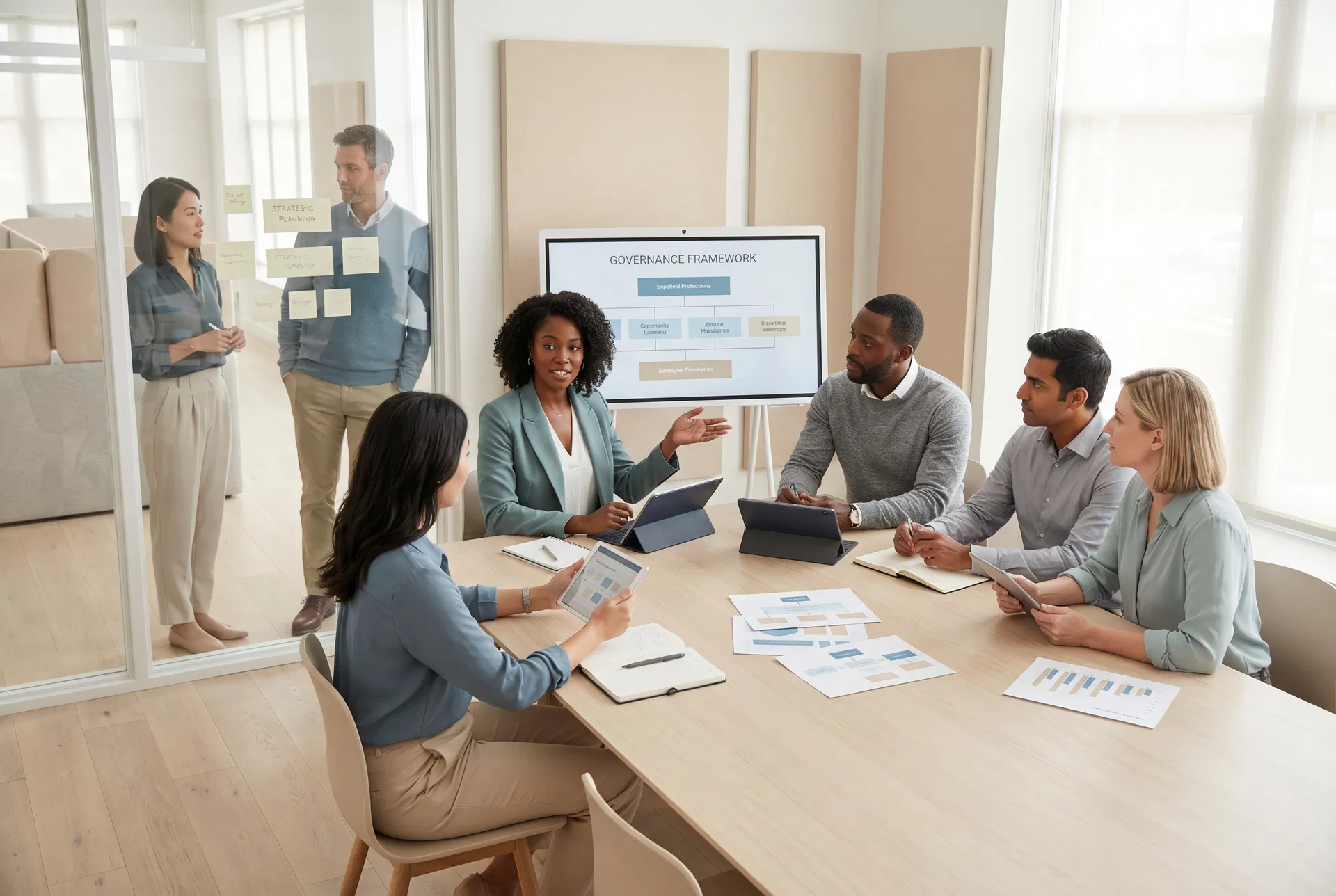 Diverse leadership team in a governance and strategy workshop