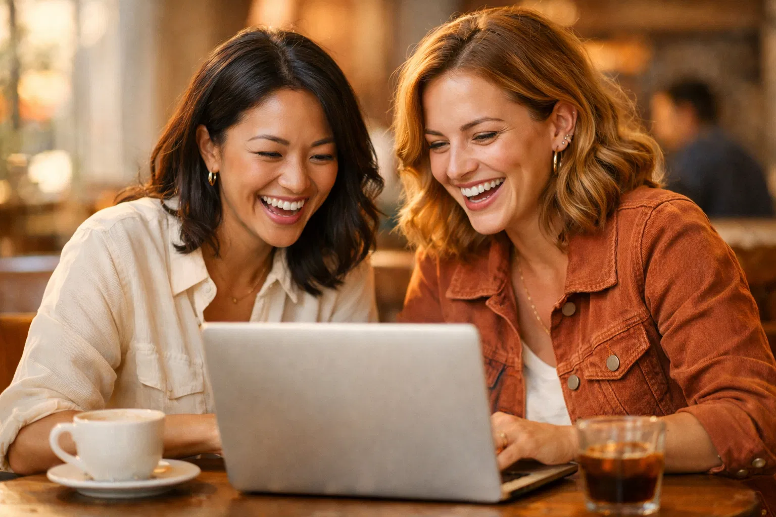 Two moms laughing together over a laptop