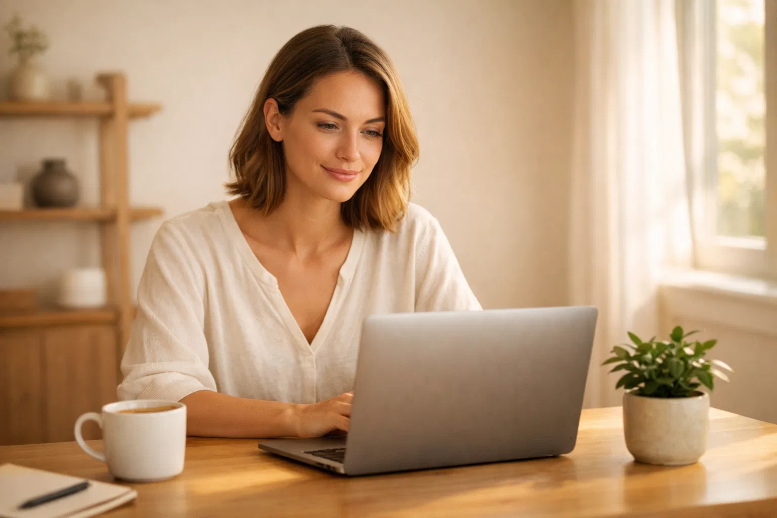 Mom using AI on laptop at a calm, organized desk