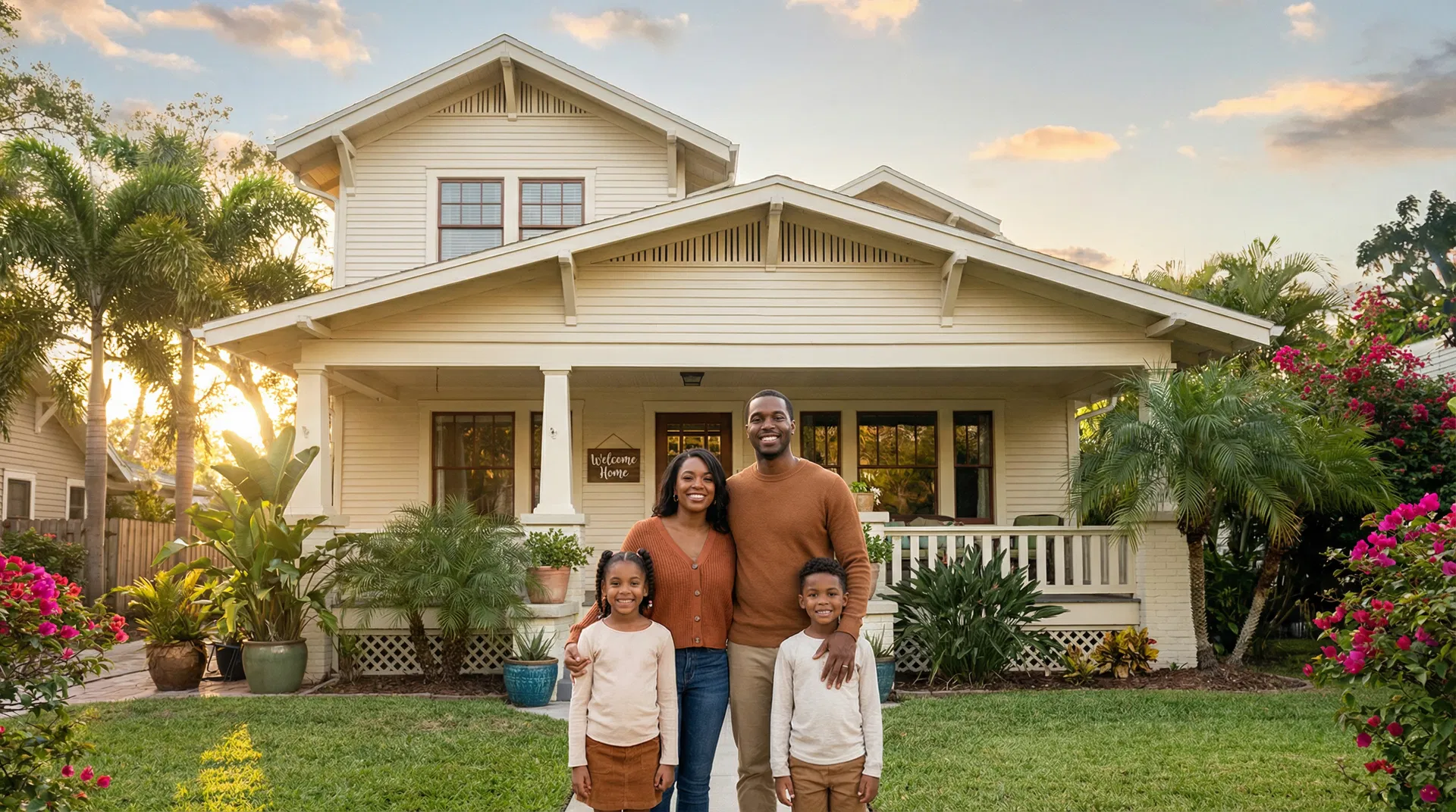 Family in front of new home