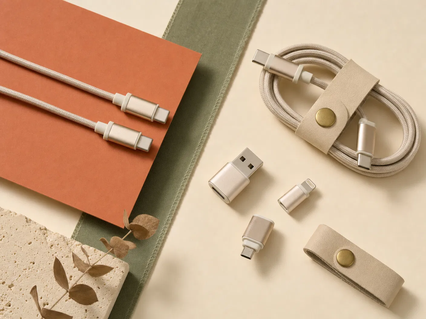 Unbranded braided USB-C cable set with adapters on ivory surface