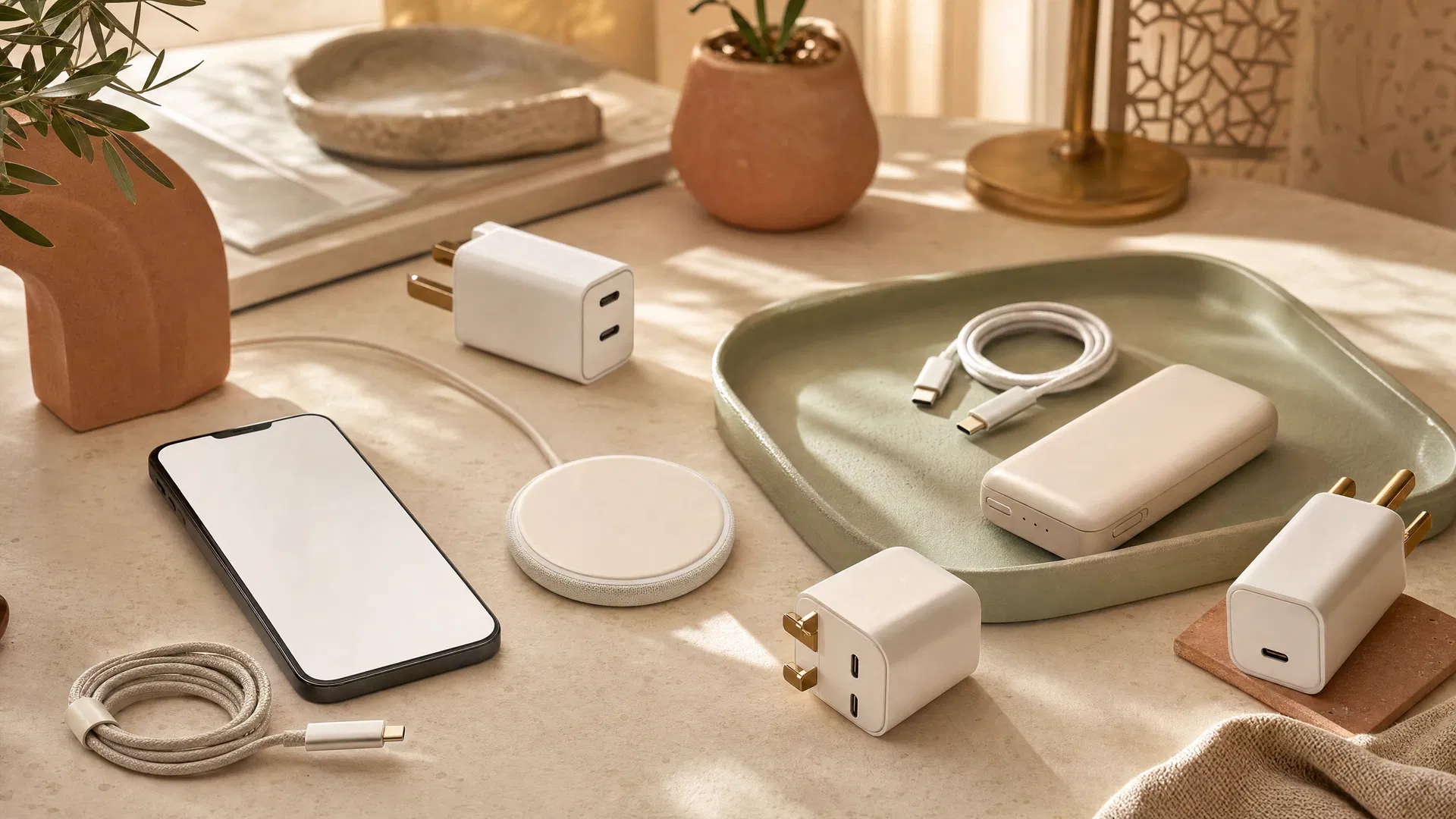 Charging accessories on a warm boutique desk
