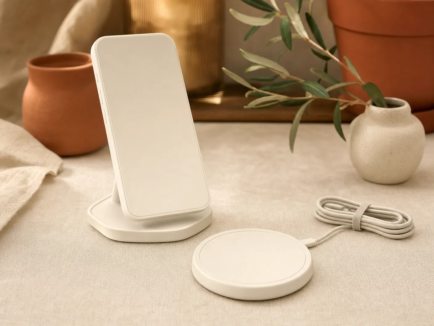 Unbranded magnetic wireless charging pad beside phone-shaped device