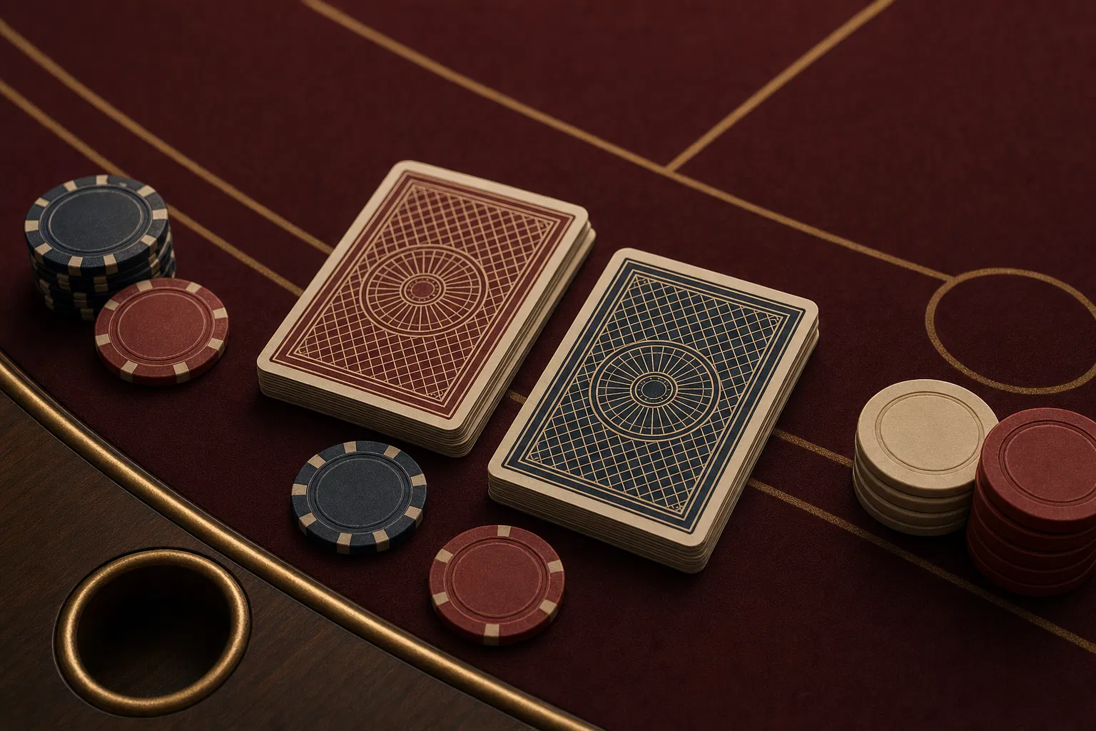 Face-down cards and blank chips on burgundy felt