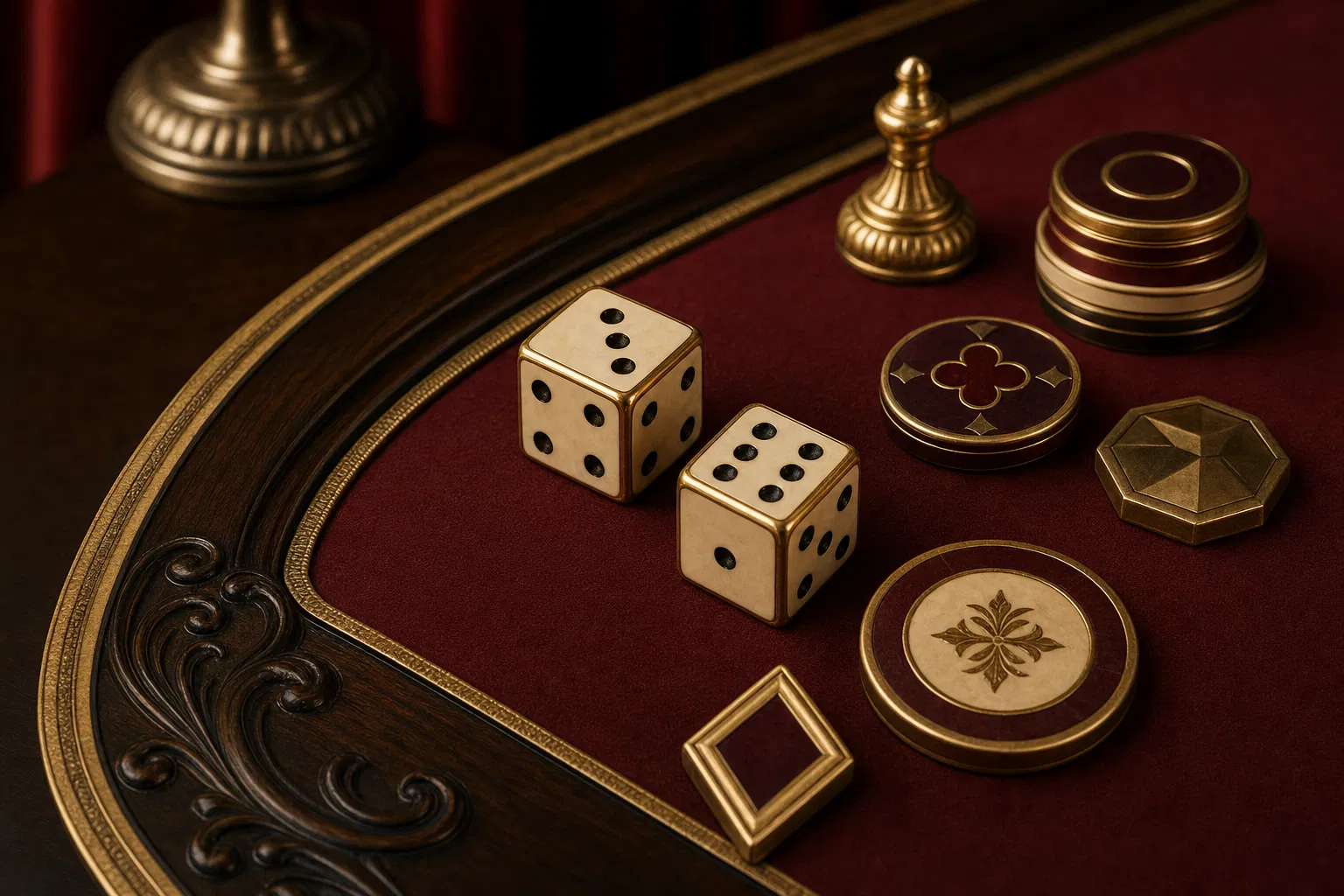 Unbranded dice still life on a burgundy table