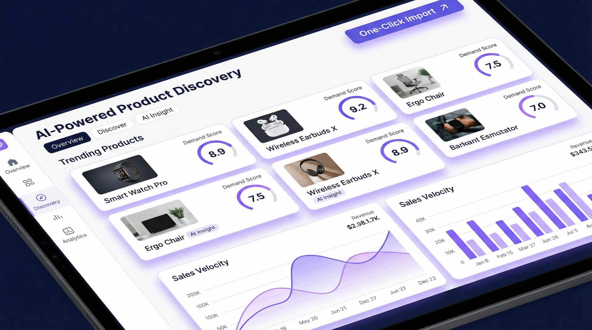 Zendrop AI product discovery dashboard showing trending products with demand scores and sales velocity