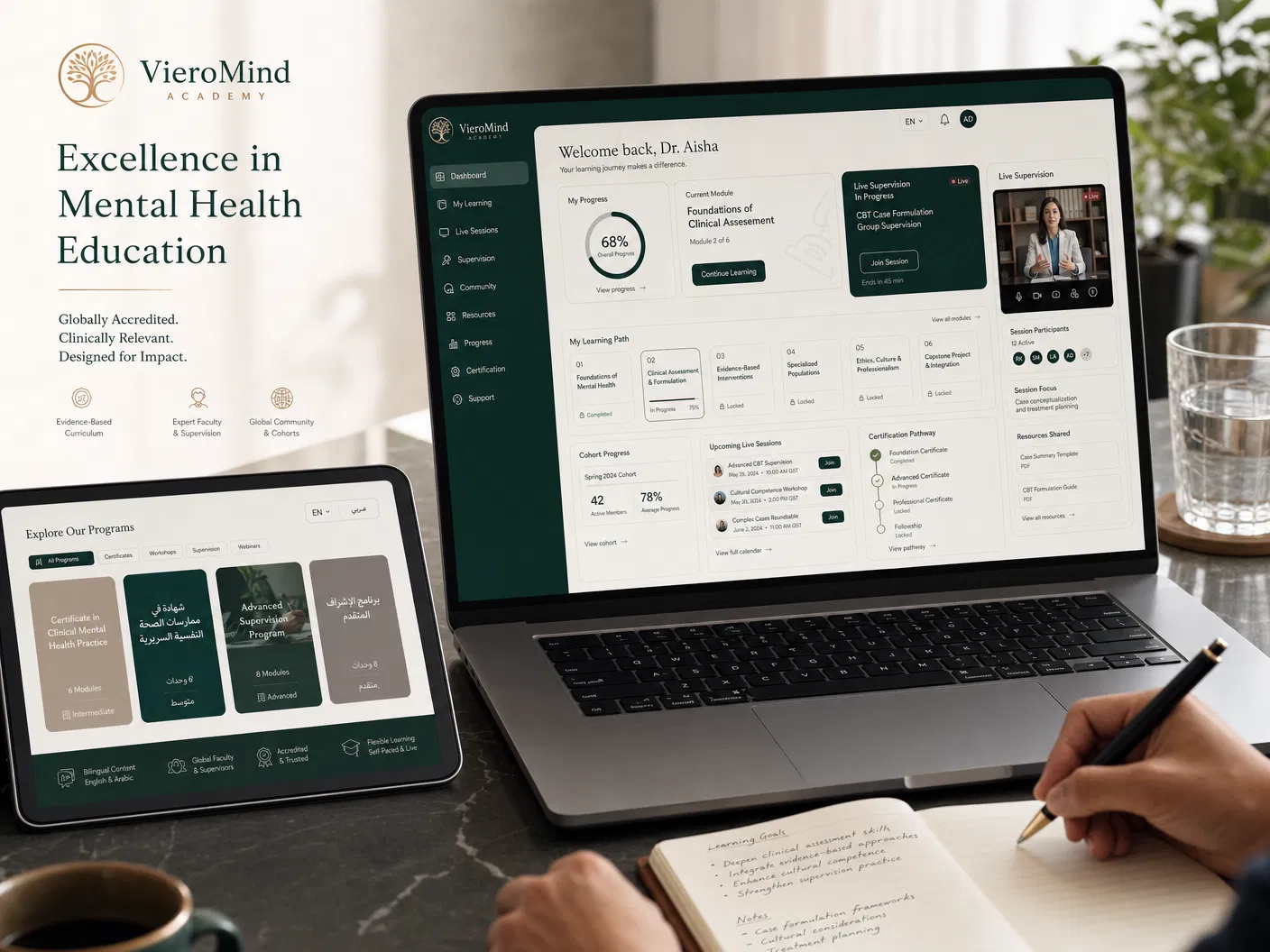 VieroMind Academy online learning platform dashboard displayed on laptop and tablet screens