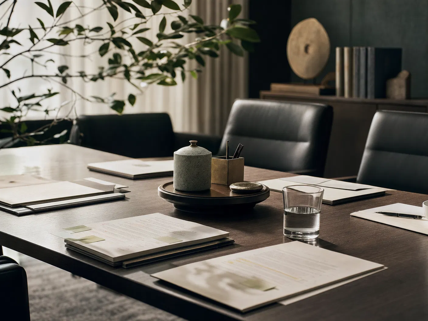 Governance documents in a calm institutional boardroom