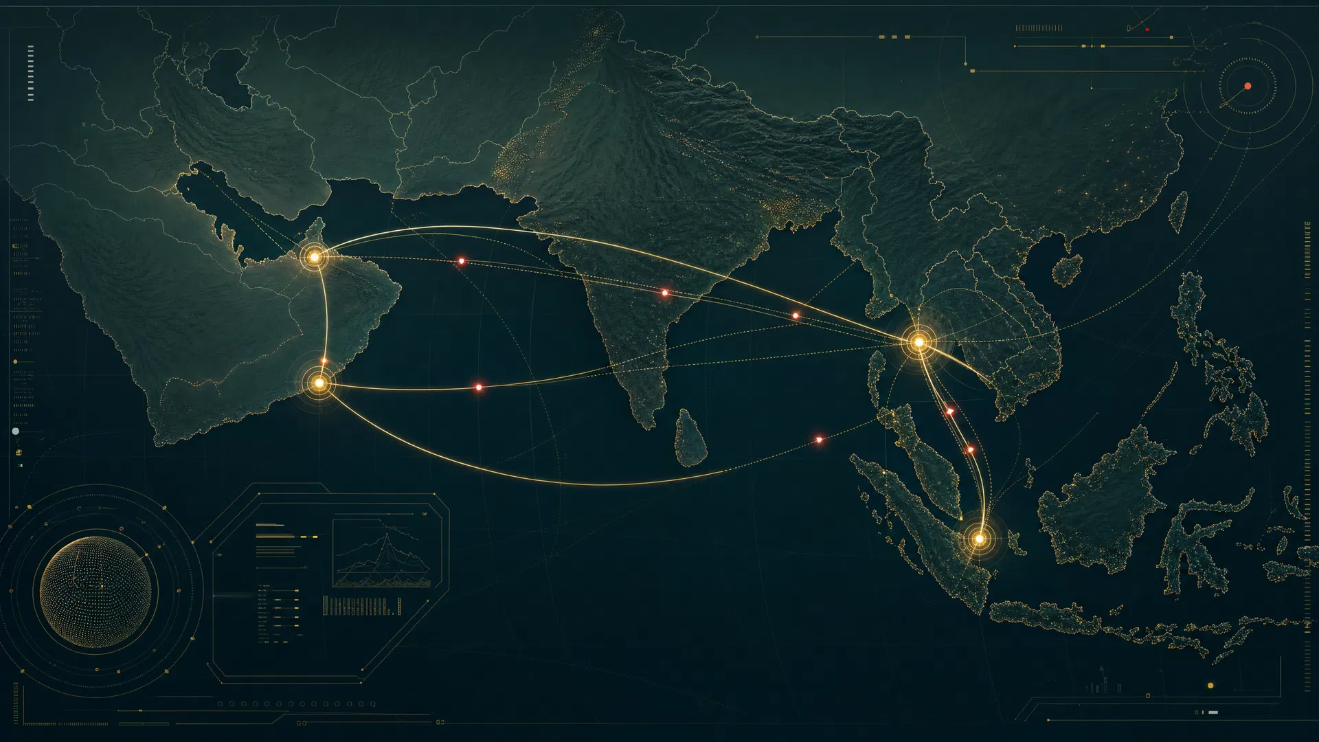 Global cargo route map covering UAE, Thailand, Oman, Myanmar, and Malaysia
