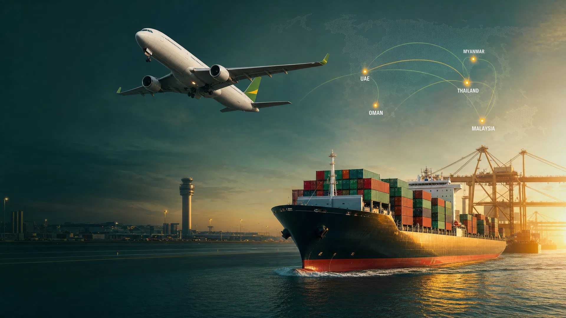 Cargo plane and container ship representing Swan Cargo international routes
