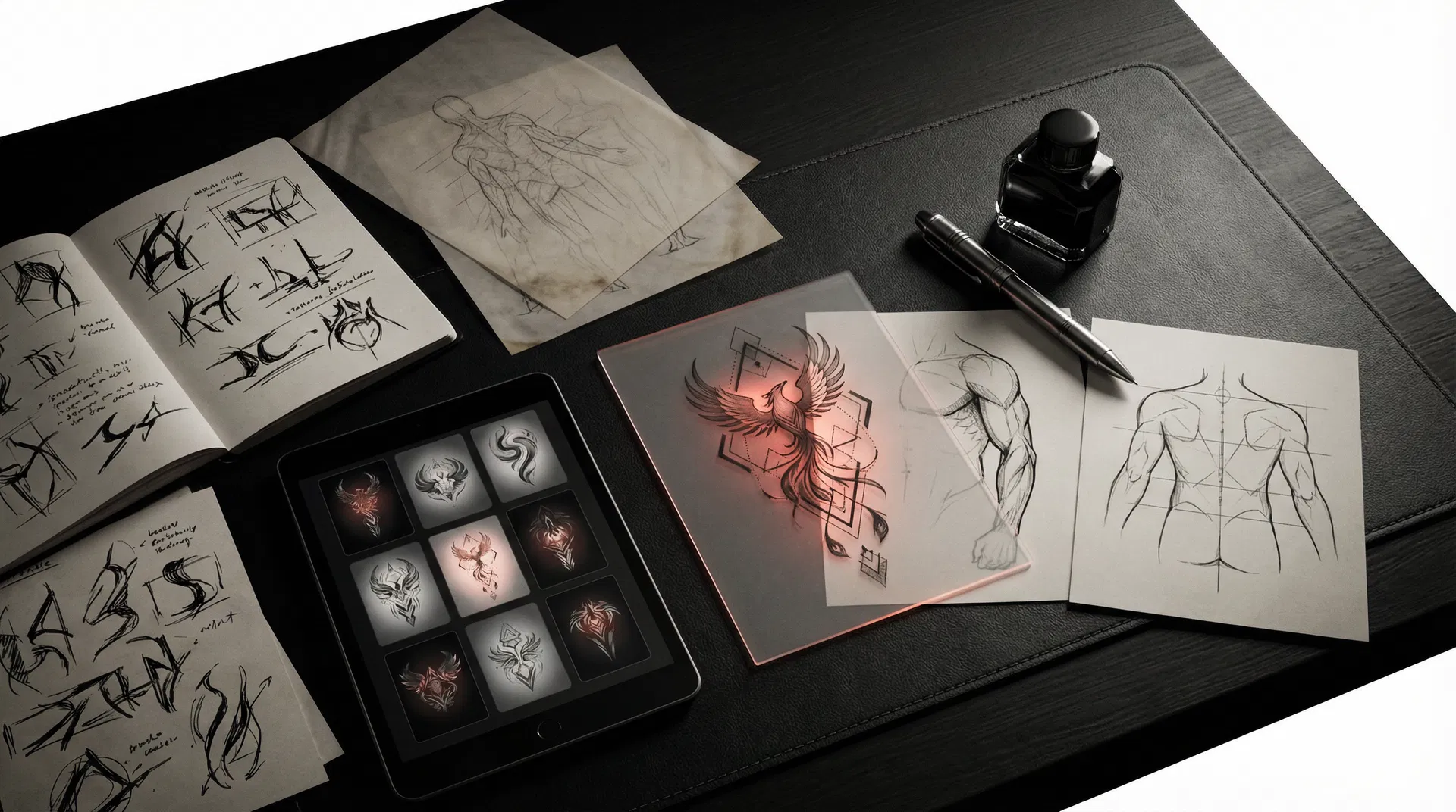 Tattoo design planning desk showing sketches, tracing sheets, and concept development workflow.