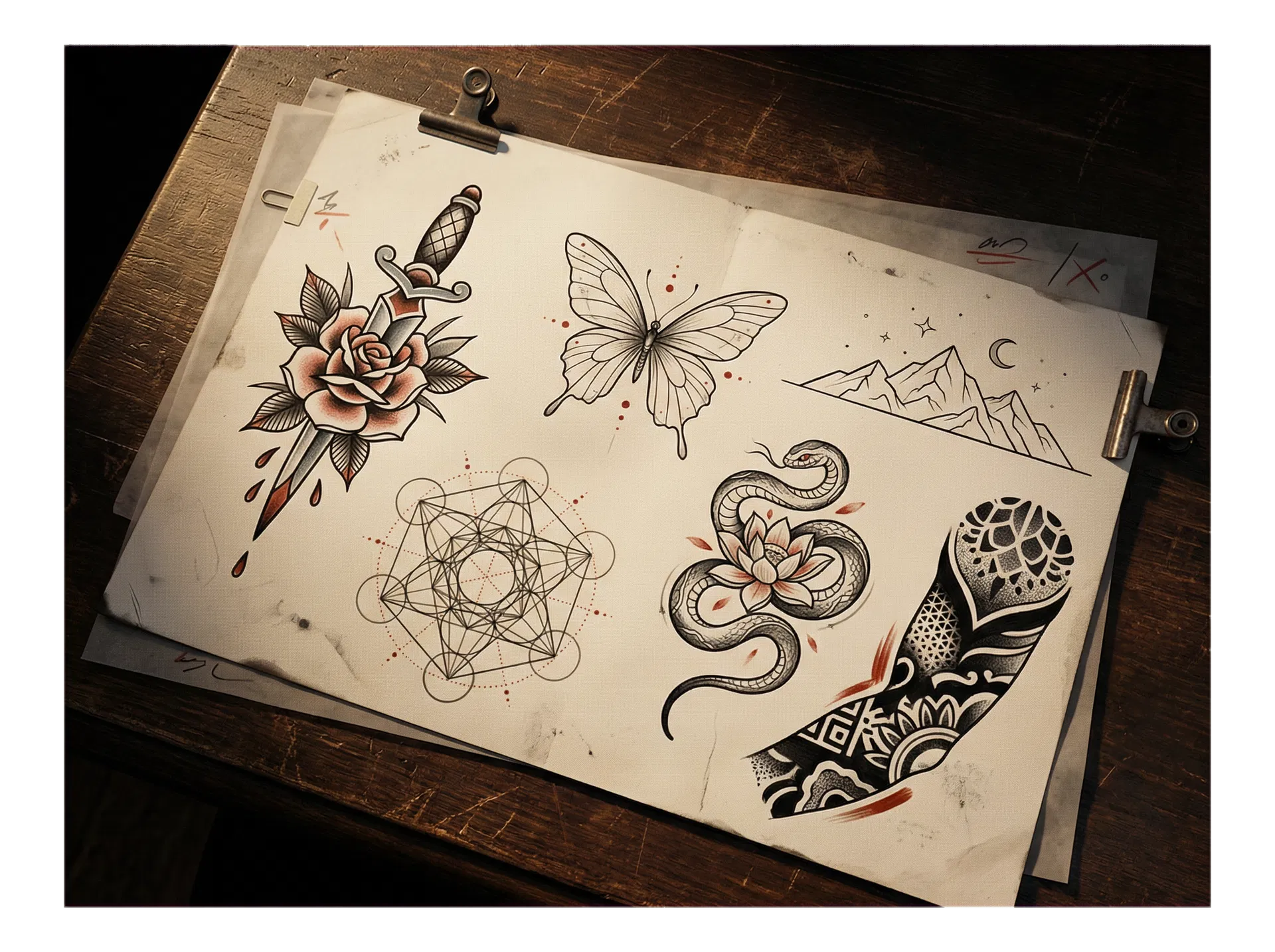 Curated tattoo flash sheet with butterfly, rose, dagger, geometric, and blackwork references.