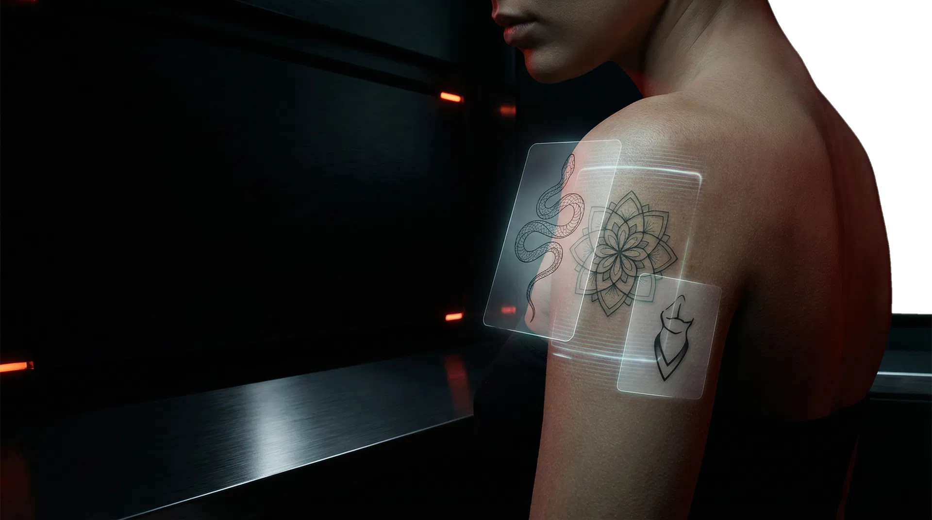 InkAR showing tattoo concept overlays on a shoulder to communicate AI-driven tattoo planning.