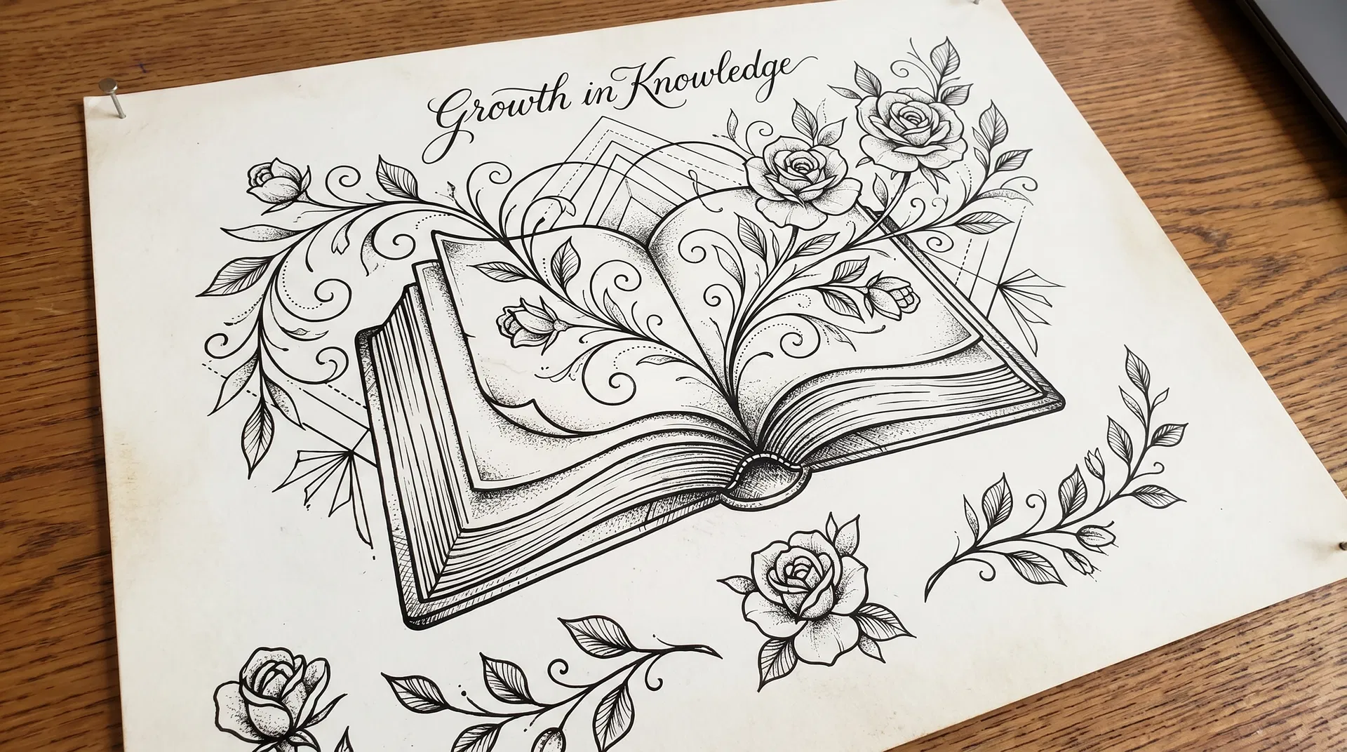 Tattoo design artwork with book and floral elements - Envision Ink Blog