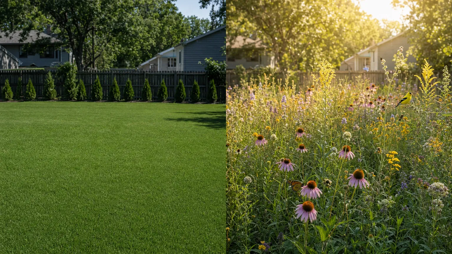 Before: sterile turf lawn. After: thriving native plant meadow with goldfinch and monarch butterfly.