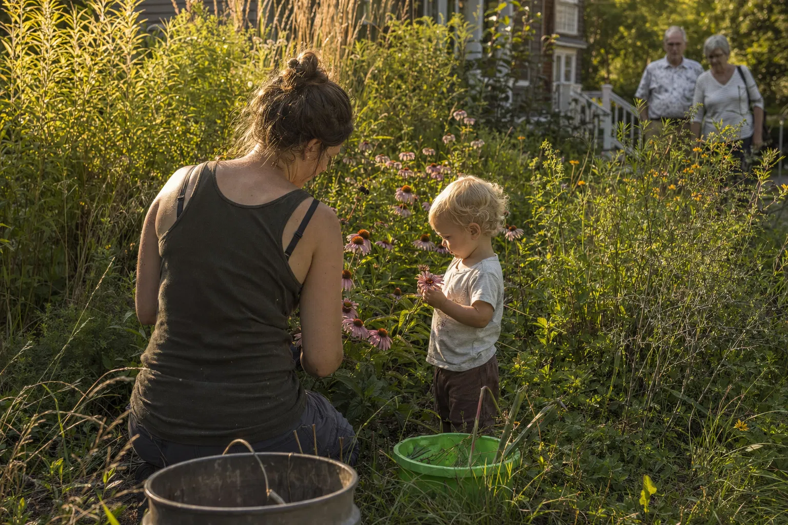 Hannah Monroe tending her native plant garden with her daughter, as neighbors stop to look