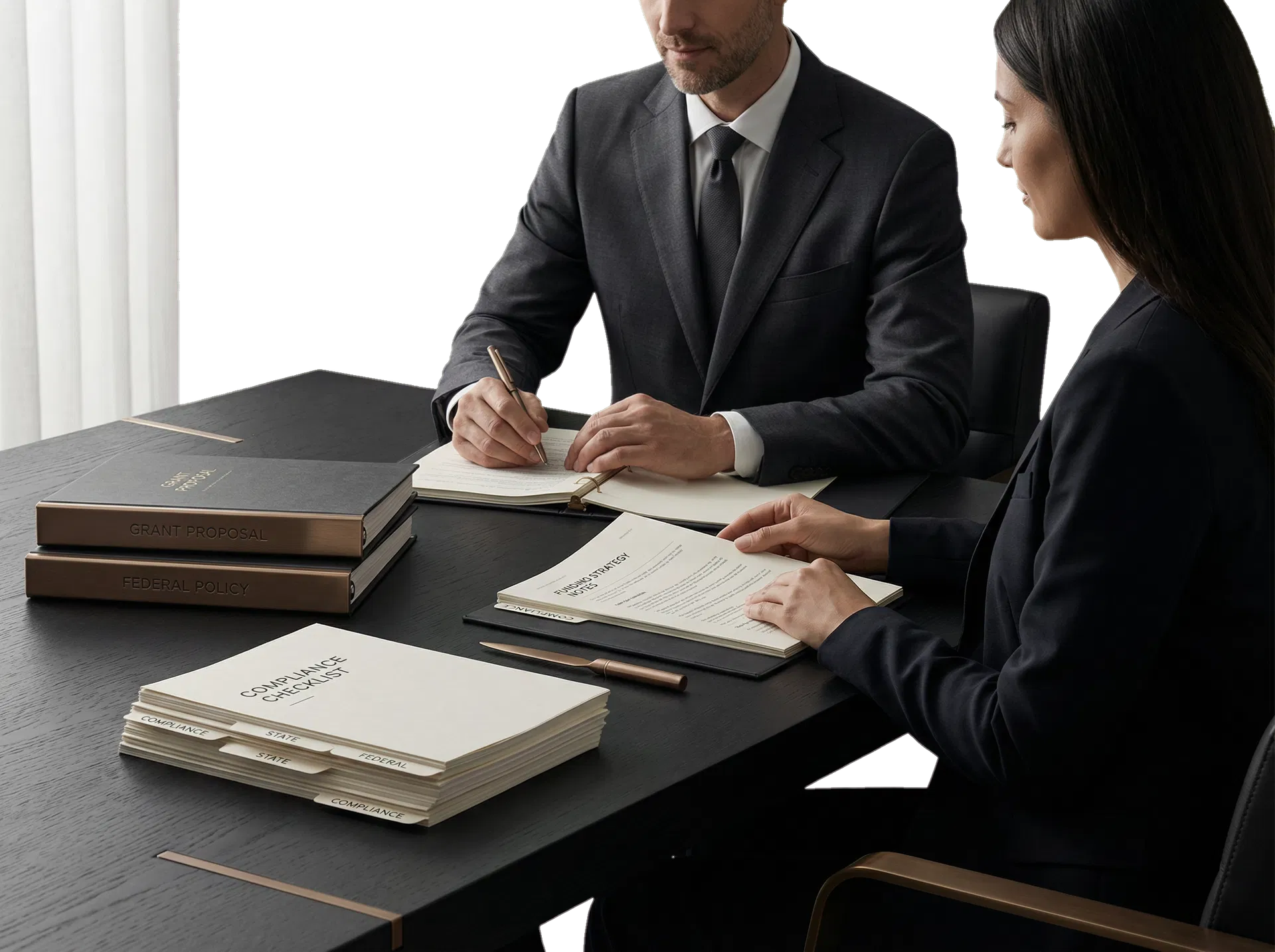 Consultation team reviewing proposal strategy and implementation materials