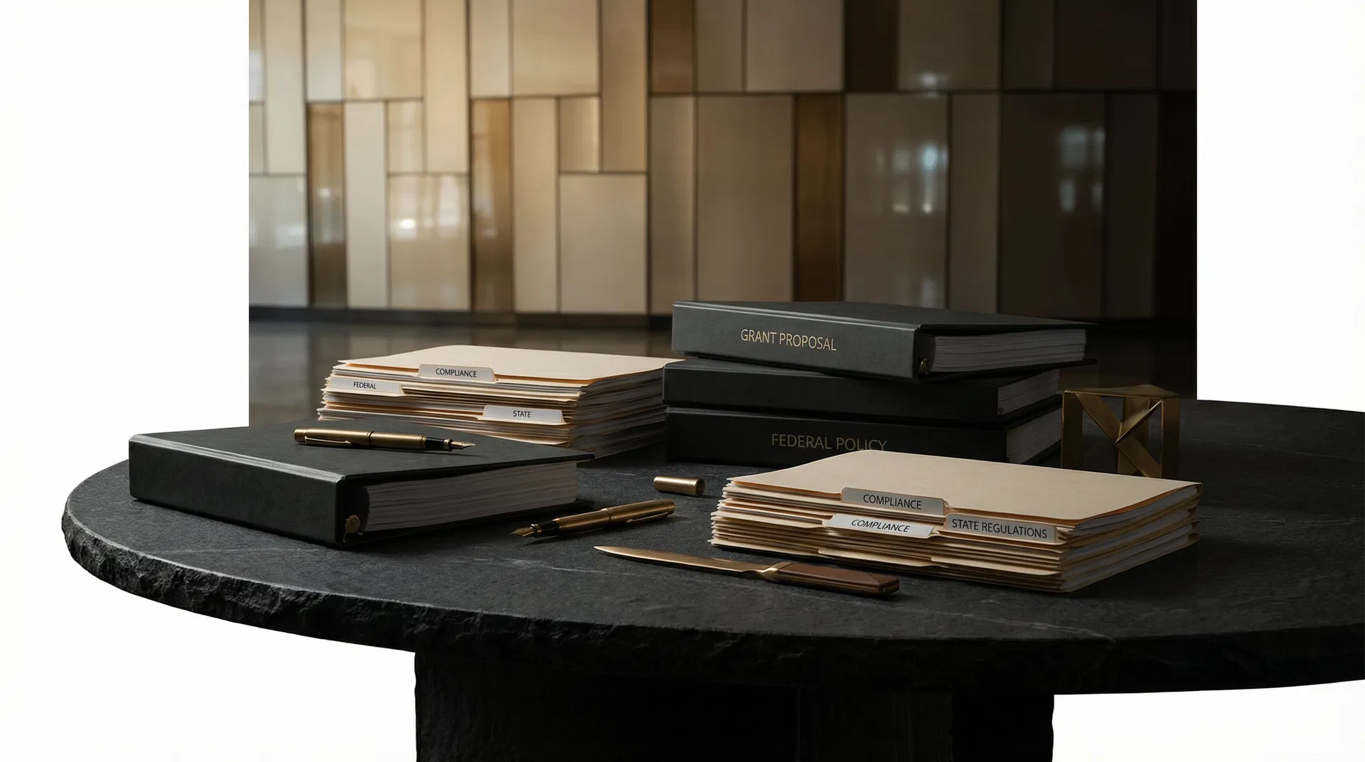 Grant proposal and compliance materials arranged in an editorial setting