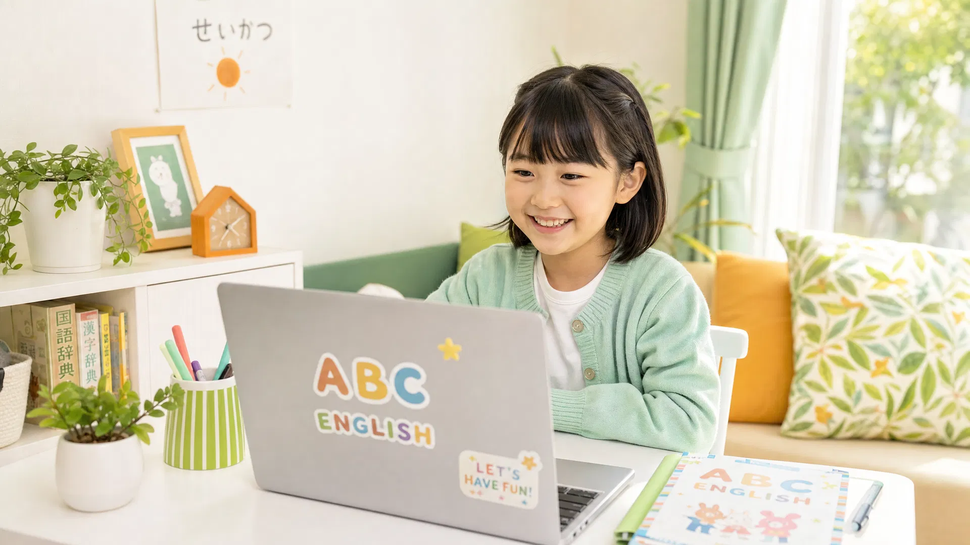 日本人の女の子がオンライン英会話を楽しんでいる様子
