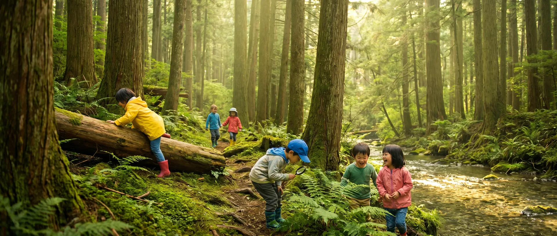 日本森林中快樂玩耍的孩子們