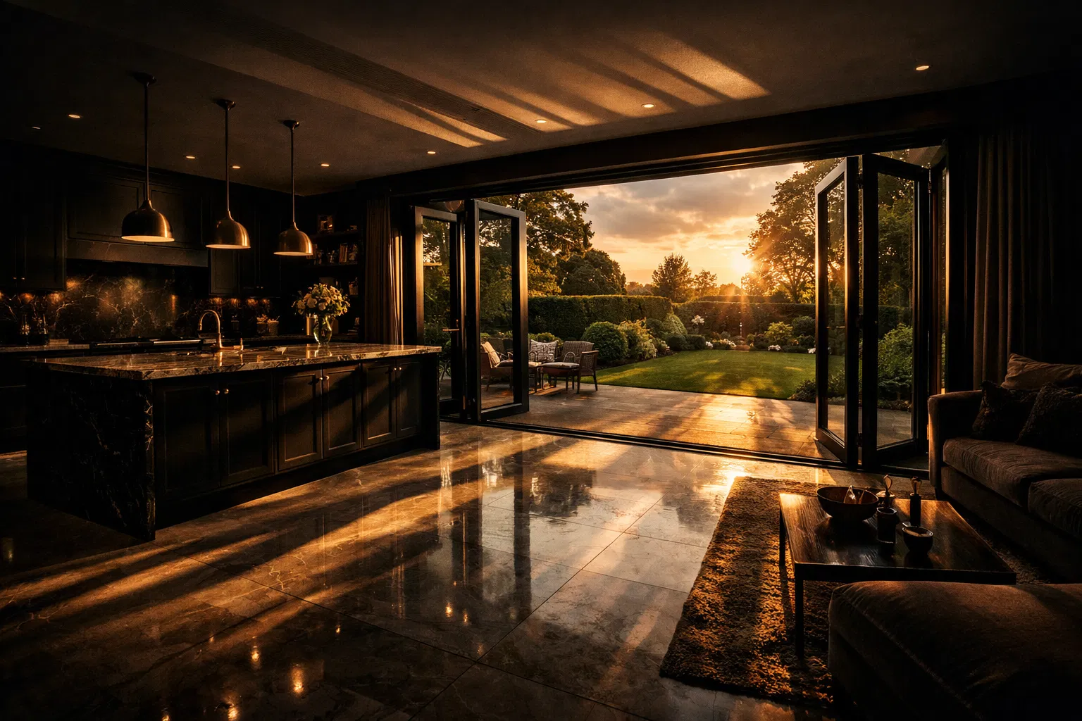 Luxury bifold doors opening to a manicured garden at golden hour
