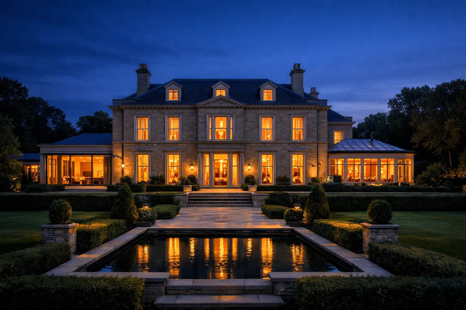 Grand English estate with premium glazing at dusk
